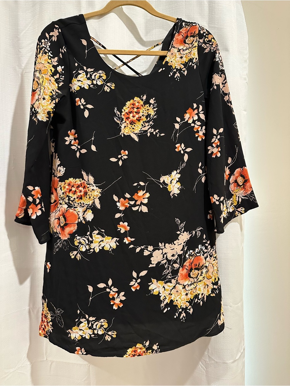 Dollhouse Black Floral Tunic Shirt or Mini Dress with Crisscross Back